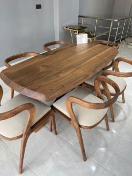 Elips Doğal Ahşap Ceviz Sandalyeli Masa Takımı