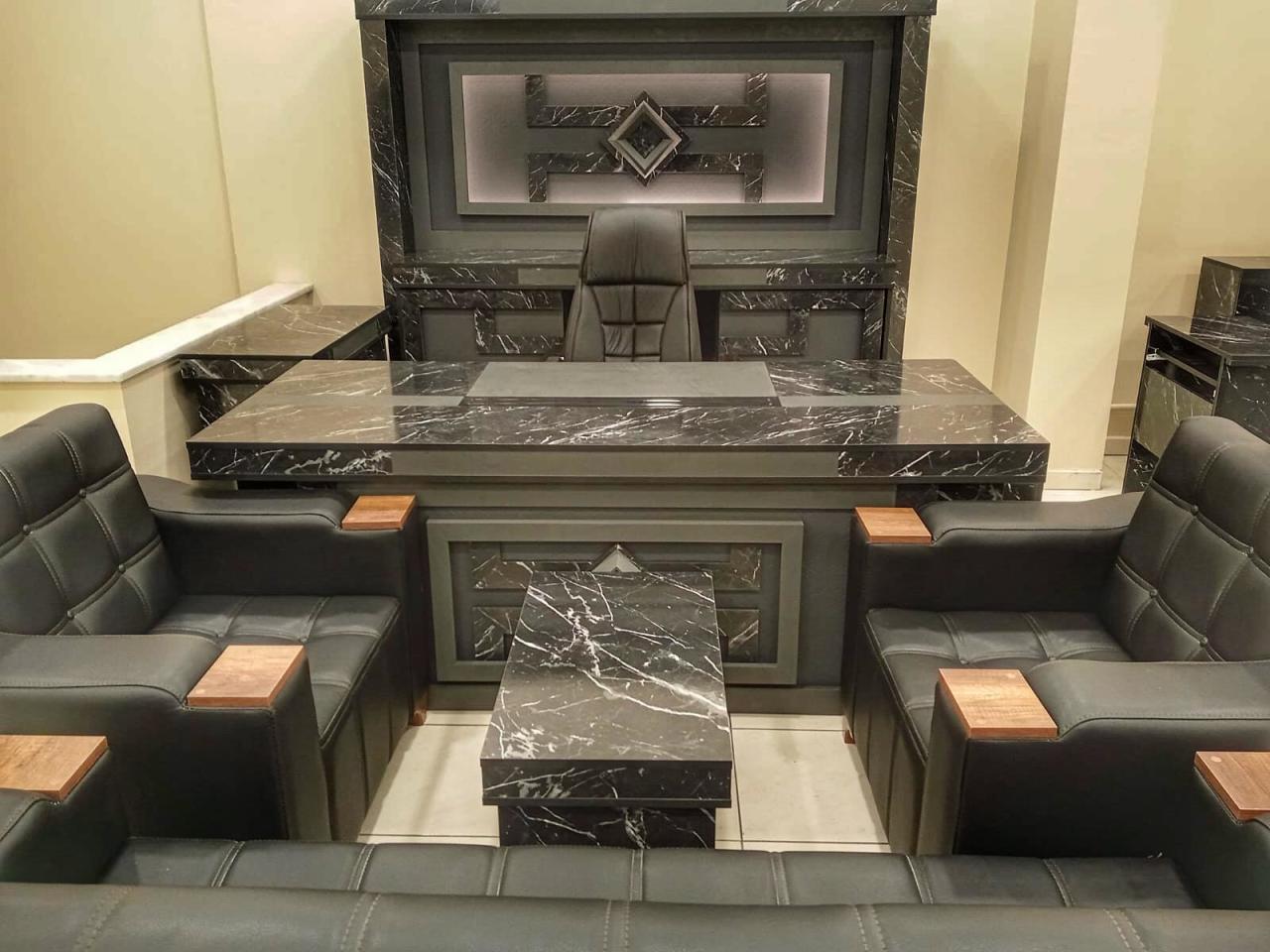 Trend Mermer Desenli Üniteli Ofis Büro Makam Yönetici Masa Takımı