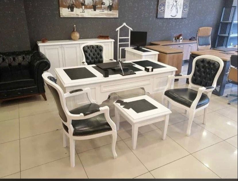 İtalyan Yönetici MDF Komple Beyaz Lükens Koltuklu Ofis Makam Takımı