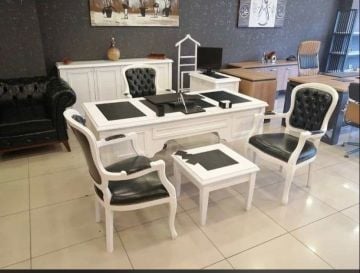 İtalyan Yönetici MDF Komple Beyaz Lükens Koltuklu Ofis Makam Takımı