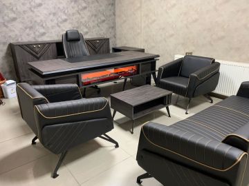 Elegance Şömineli Bluetoothlu Ofis Büro Üçlü Oturma Gruplu Makam Koltuklu Yönetici Masa Takımı