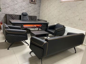 Elegance Şömineli Bluetoothlu Ofis Büro Üçlü Oturma Gruplu Makam Koltuklu Yönetici Masa Takımı