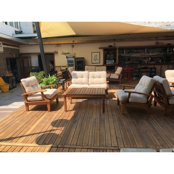 Mevsim İroko Teak Ağacı Bahçe Balkon Takımı 2-1-1-Sehpa-Minderli