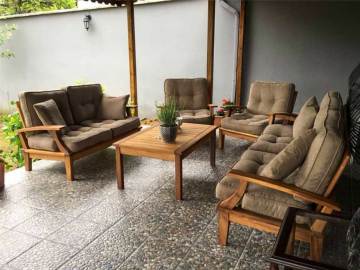 Mevsim İroko Teak Ağacı Bahçe Balkon Takımı 2-1-1-Sehpa-Minderli