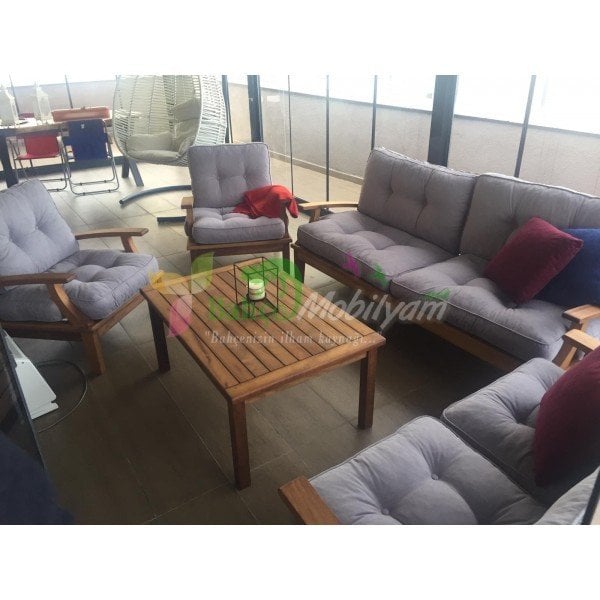 Mevsim İroko Teak Ağacı Bahçe Balkon Takımı 3-2-1-1-Sehpa-Minder