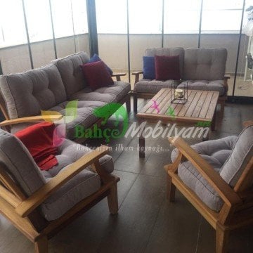 Mevsim İroko Teak Ağacı Bahçe Balkon Takımı 3-2-1-1-Sehpa-Minder