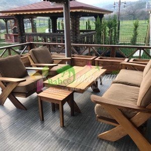 Yeşim İroko Teak Ağacı Bahçe Balkon Takımı 3-1-1-Sehpa-Minder