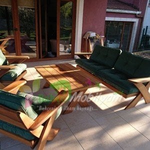 Yeşim İroko Teak Ağacı Bahçe Balkon Takımı 3-1-1-Sehpa-Minder