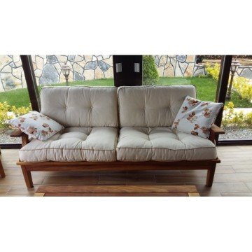 Mevsim İroko Teak Ağacı Bahçe Balkon Üçlü Koltuk Minderli